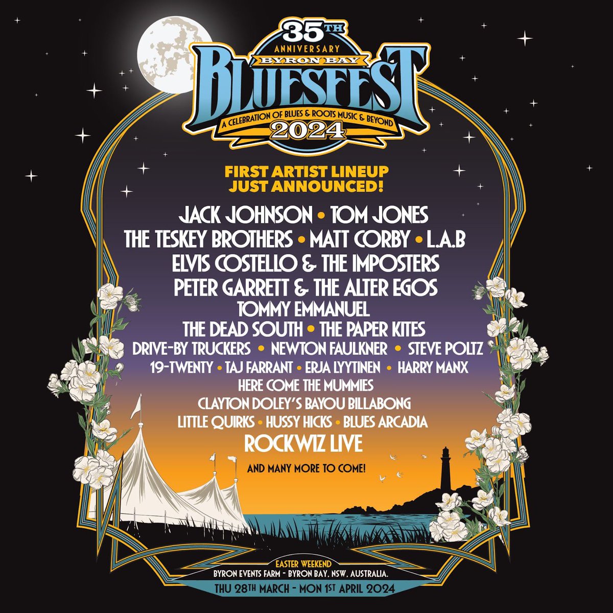 2024 marks the 35th Anniversary of @BluesfestByron. We are happy to announce Jack & the band will be headlining the festival as their one and only Australia show next year. The festival is held Easter weekend March 28- April 1, 2024. Tix are on sale now. bluesfest.com.au/tickets/