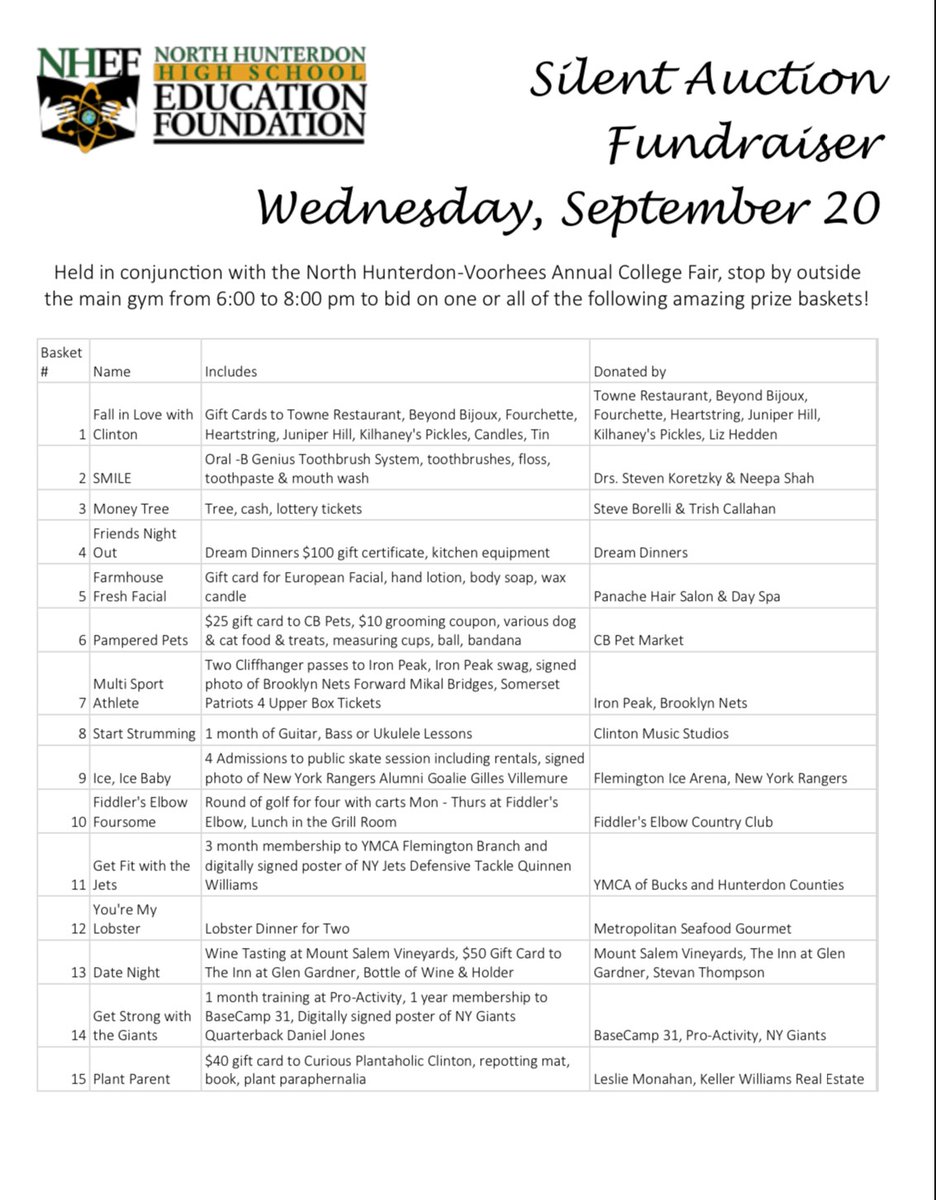 NHHS_NHEF's tweet photo. College Fair - Check it out!
We invite you to participate in our silent auction for prize baskets from local businesses.
September 20 @ 6:00 pm https://t.co/CIkpMtrUL1