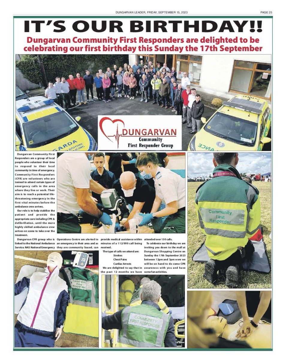Donnchadh Fahey (@donnchadhf) on Twitter photo Where does time go ? This Sunday 17th September Dungarvan CFR group are celebrating our 1st birthday ๐ฅณ๐.
If you are free join is in Dungarvan Shopping Centre from 12-3pm.
We will have cpr demos, raffles, face painting and much more ! Where does time go ? This Sunday 17th September Dungarvan CFR group are celebrating our 1st birthday ๐ฅณ๐.
If you are free join is in Dungarvan Shopping Centre from 12-3pm.
We will have cpr demos, raffles, face painting and much more !