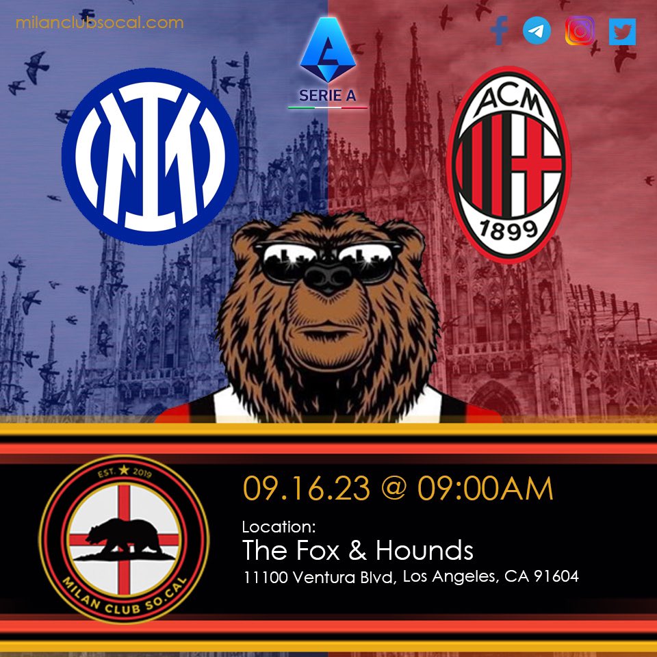 The Derby is here early in the season - and we are ready! If you are in Southern California, come join us at @FoxandHounds818. We expect a great crowd. Forza Milan!