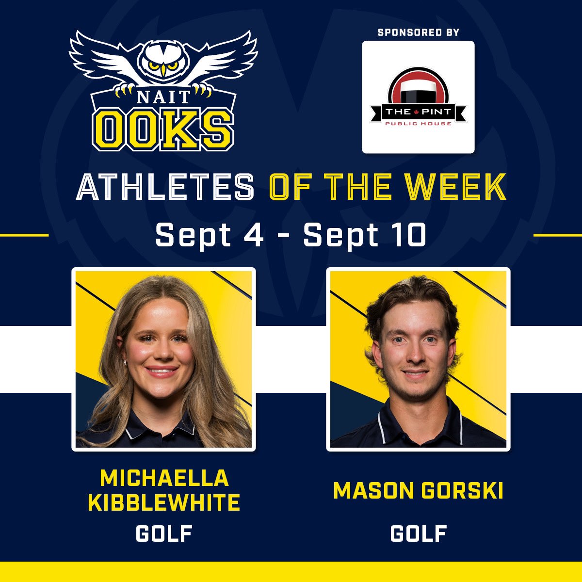 naitooks's tweet photo. The NAIT Ooks had a great first weekend of ACAC action and with that comes extra athletes of the week! Congratulations to all four of our The Pint Downtown athletes of the week! #ooksNAITion https://t.co/dIFOTU4KuV