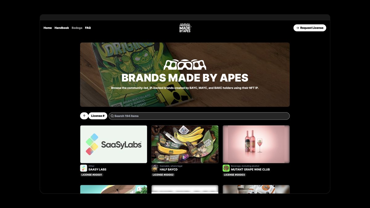 Today, we're excited to introduce the Made By Apes Bodega found at madeby.yuga.com/apes/bodega.

The Bodega will act as the official directory for all valid and active MBA licenses.