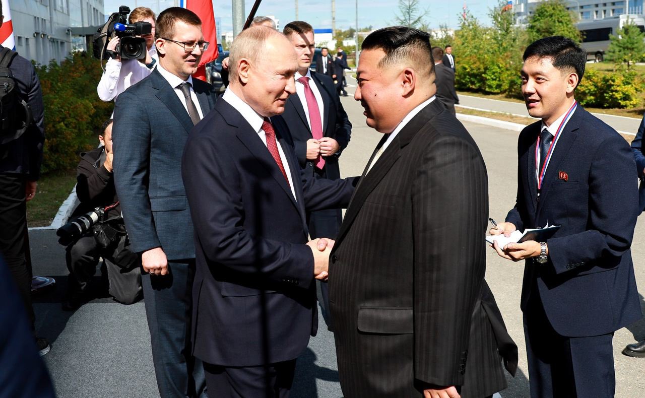 Vladimir Putin and Kim Jong Un meeting at the Vostochny Cosmodrome in the Amur region.