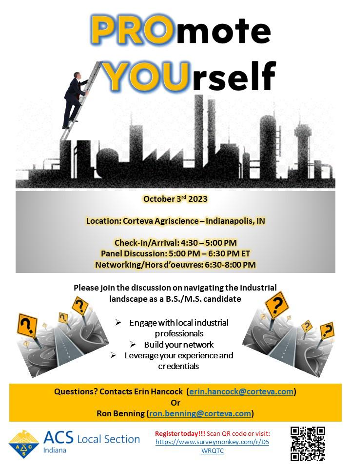 PROmote YOUrself Tuesday, October 3 4:30 to 8:00 PM Corteva Agriscience, 9330 Zionsville Road, Indianapolis IN 46268. To register, scan the QR code at the bottom right of the flyer.