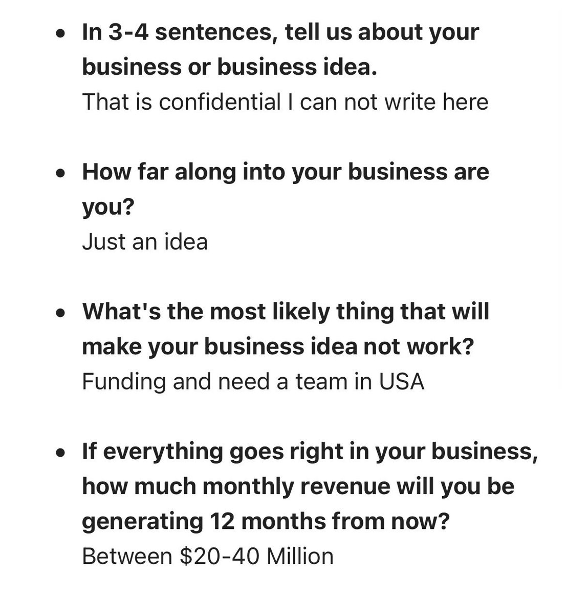 sweatystartup's tweet image. My friend runs a business accelerator program at a top university in California.

This is what one of his students submitted.

This is what entrepreneurship culture has done to the young aspiring business owners.