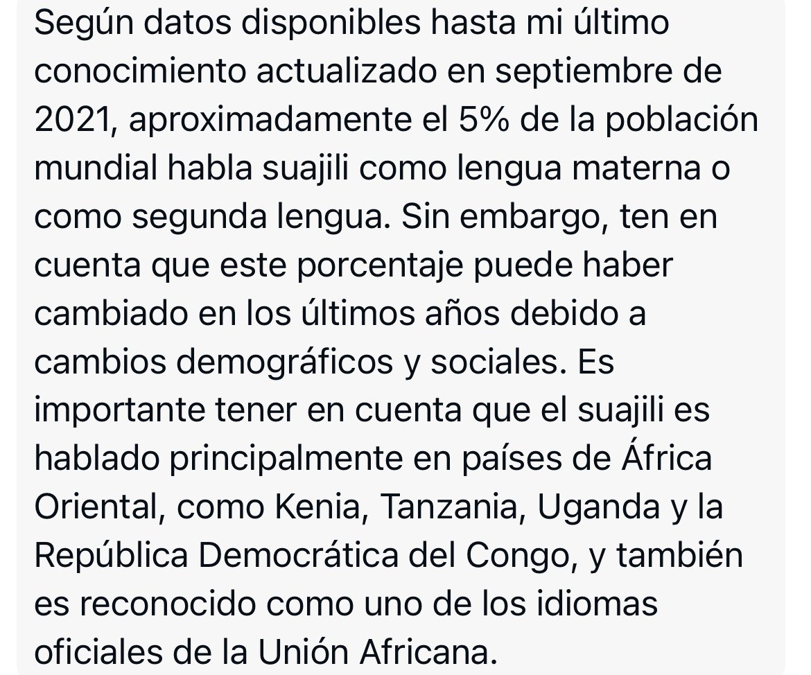 No existe sentido a aprender Suajili, para que? Le acepto el mandarín o el hindú.Intercambio comercial… sale más práctico contratar un traductor un par de  horas que aprender suajili. Según JoshuaProject, el número de suajilis es de 1.328.000. @FranciaMarquezM es un capricho?