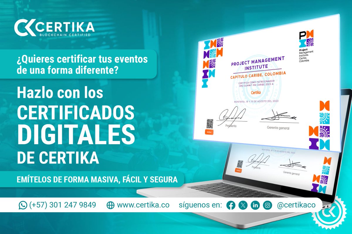 ✨Con nuestros certificados digitales, tus eventos se vuelven ¡inolvidables!🌟

Emite tus certificados de forma:
✅ Masiva
✅ Fácil
✅ Segura

Dale a tu evento el toque final con los certificados digitales de Certika y la tecnología Blockchain.

#Certika #certificadodigital