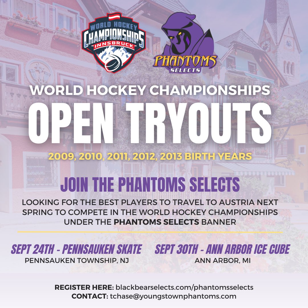 ‼️ONLY 2 TRYOUTS LEFT...to compete at the 2024 World Hockey Championships in Austria under the Phantoms Selects banner!!

💻Register now at blackbearselects.com/phantomsselects
