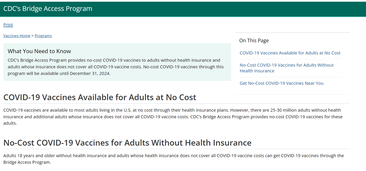 Do you know about the <a href="/CDCgov/">CDC</a> Bridge Access Program?  This program will provide no-cost COVID-19 vaccines to adults without health insurance and for those who have insurance that does not cover vaccine costs.