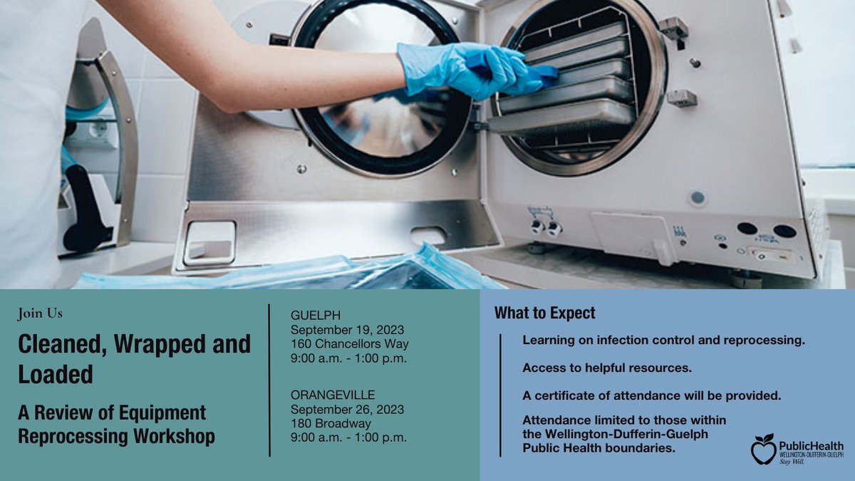 WDGPublicHealth's tweet photo. Cleaned, Wrapped and Loaded: A Review of Equipment Reprocessing Workshop
Register at https://t.co/ToBQnuasjh
This workshop provides learning on infection control and #reprocessing.
For more information visit https://t.co/mNsFLVzfa1 https://t.co/GCITiPqt40