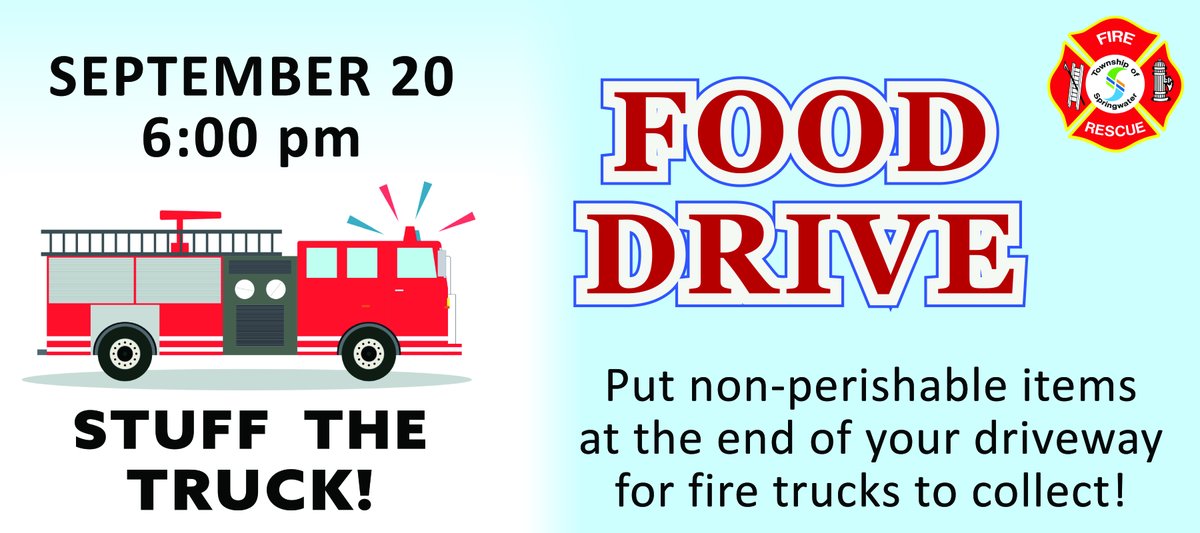 Get ready to ‘stuff the truck’ in support of the Elmvale &amp; District Food Bank! Firefighters from across the Township
 will drive through our communities on September 20 at 6:00 pm to collect donations left at the end of driveways. For route maps, visit: springwater.ca/en/news/stuff-…