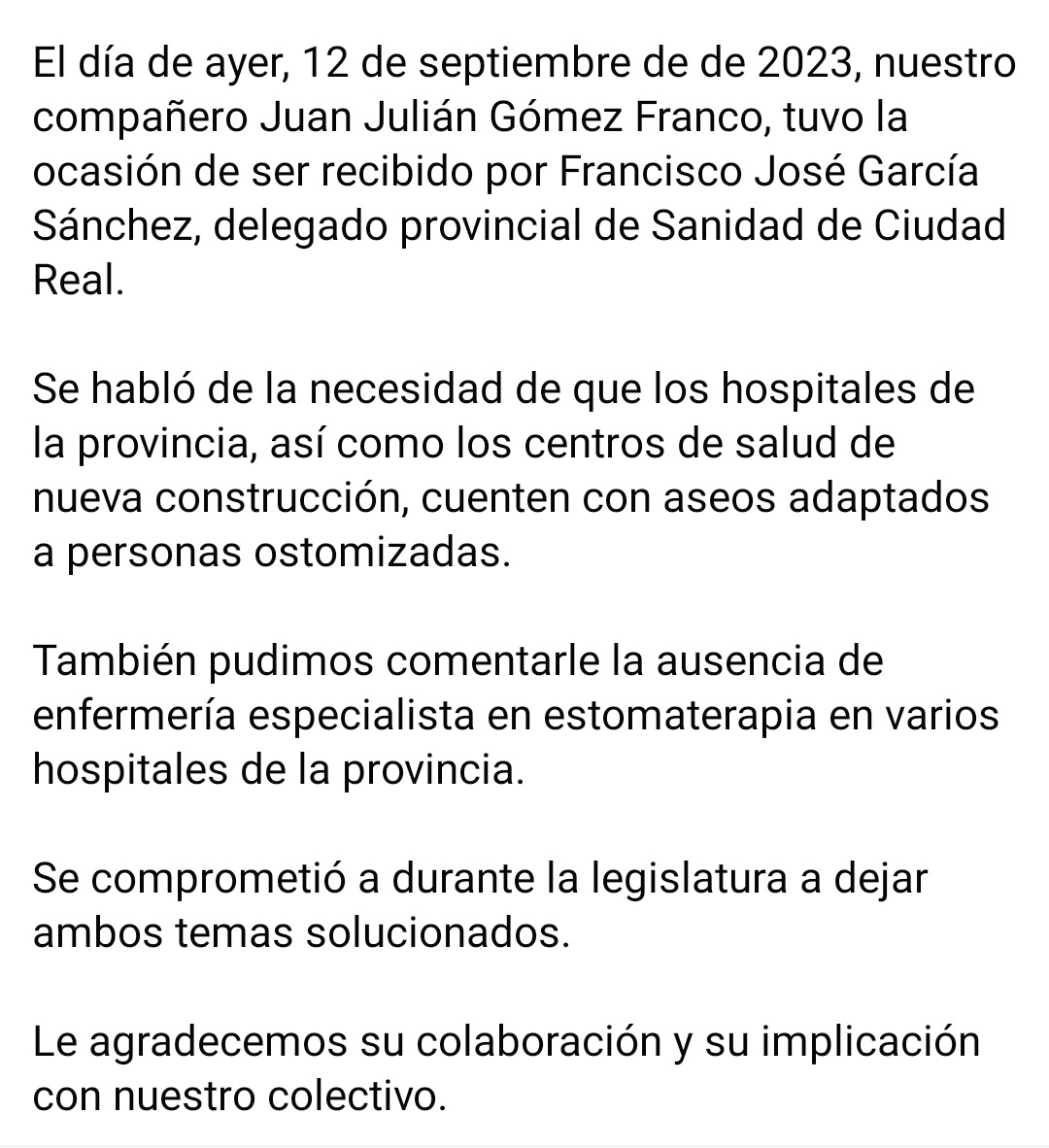 Reunión con la Consejería de Sanidad de Castilla - La Mancha de la provincia de Ciudad Real.