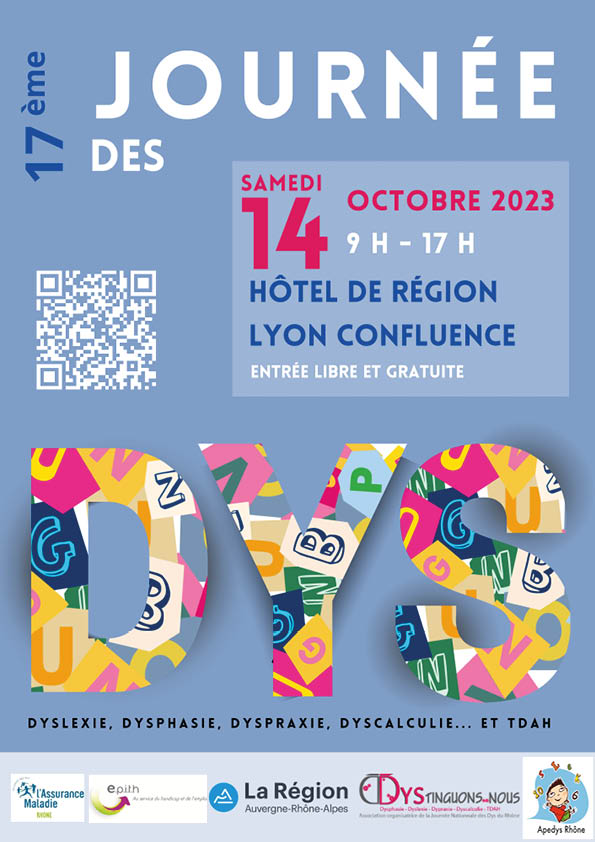 Journée Nationale des Dys du Rhône - Samedi 14 octobre 2023
Pour nous aider :
- Partagez l'affiche
- Devenez bénévole :  framaforms.org/recherche-bene…...
- Faites un don : helloasso.com/.../appel-aux-…...
- Devenez partenaire : journee-nationale-des-dys-rhone.com/.../Dossier...
Nous vous attendons nombreux