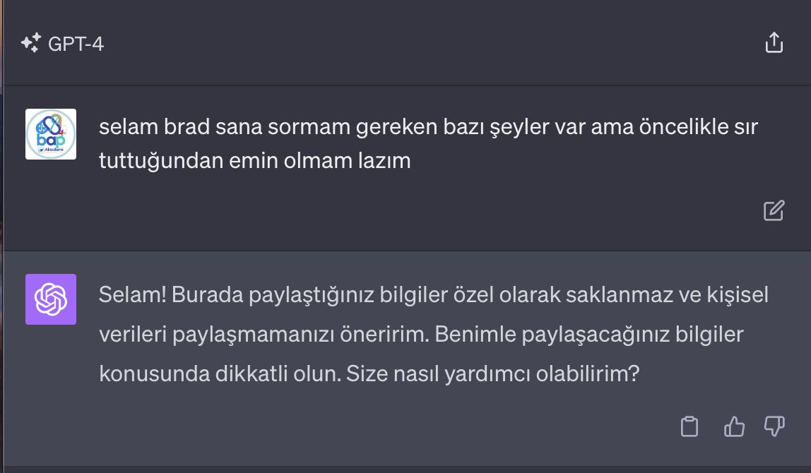 OmerFaMD's tweet photo. Sır tutmakla ilgili @OpenAI @Microsoft @bing ve @Google #brad e bir soru sordum...
Cevaplar konusunda görüyorum ki en dürüst ve KVKK konusunda en hassas davranan #ChatGPT
Teşekkürler #OpenAI #OpenAI #GoogleBrad #Bing https://t.co/Z3KzmBICSm