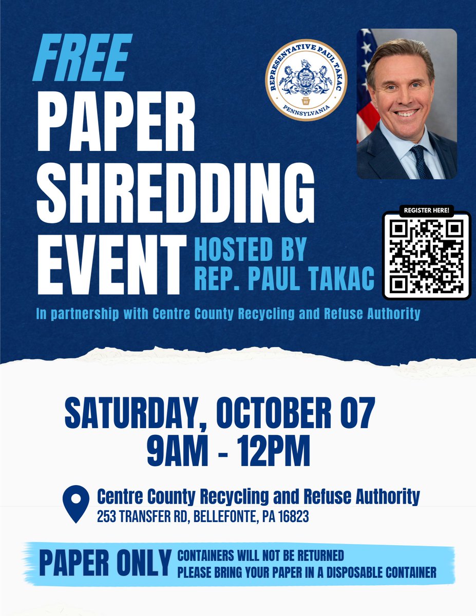 RepTakac's tweet photo. Join us October 7th for our first ever Free Paper Shredding Event with @CCRRA1! 📄🎉

RSVP for the event at the link below ⬇️: https://t.co/wbXTUmMwKa https://t.co/78GRti83if