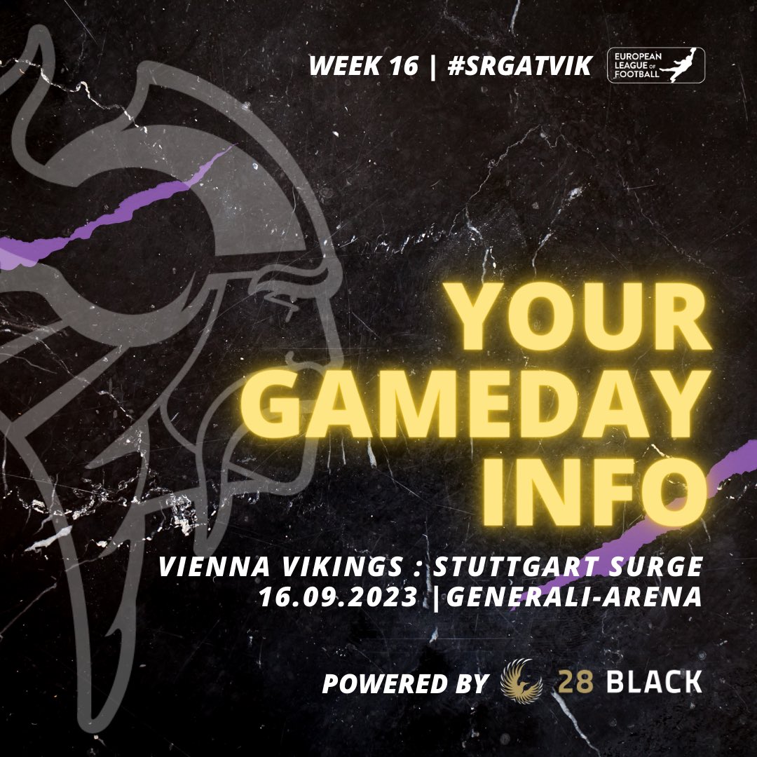 ViennaVikings's tweet photo. Your Gameday Info ℹ️
Alle wichtigen Infos fürs #ViennaVikings Playoff powered by @28_BLACK am Samstag 16. September gegen @StuttgartSurge in der Generali-Arena.
🎟️ @TicketmasterAT oder Direktlink in Bio!
#PurpleReign #ELFPlayoffs https://t.co/YOhLx6e8Ug