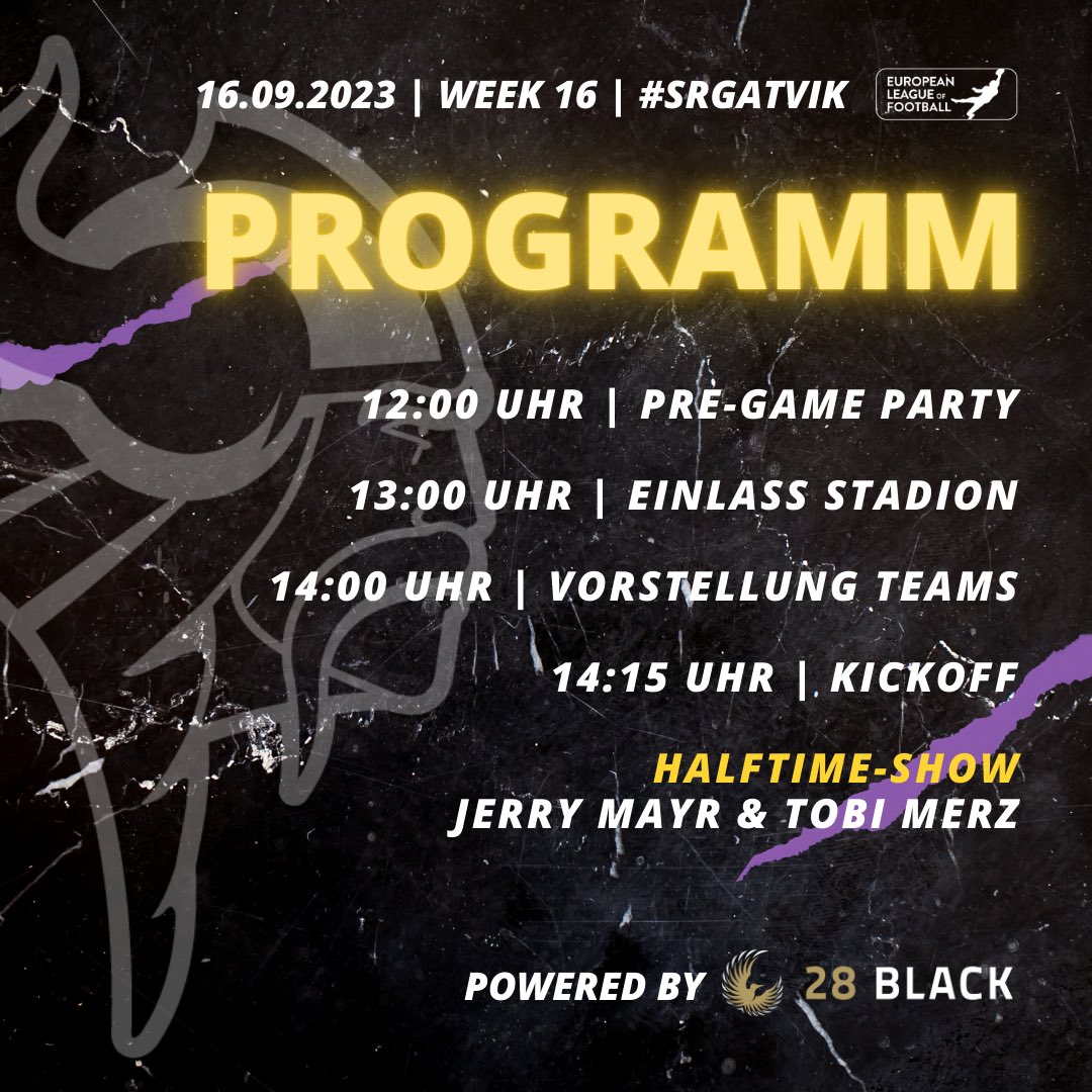 ViennaVikings's tweet photo. Your Gameday Info ℹ️
Alle wichtigen Infos fürs #ViennaVikings Playoff powered by @28_BLACK am Samstag 16. September gegen @StuttgartSurge in der Generali-Arena.
🎟️ @TicketmasterAT oder Direktlink in Bio!
#PurpleReign #ELFPlayoffs https://t.co/YOhLx6e8Ug