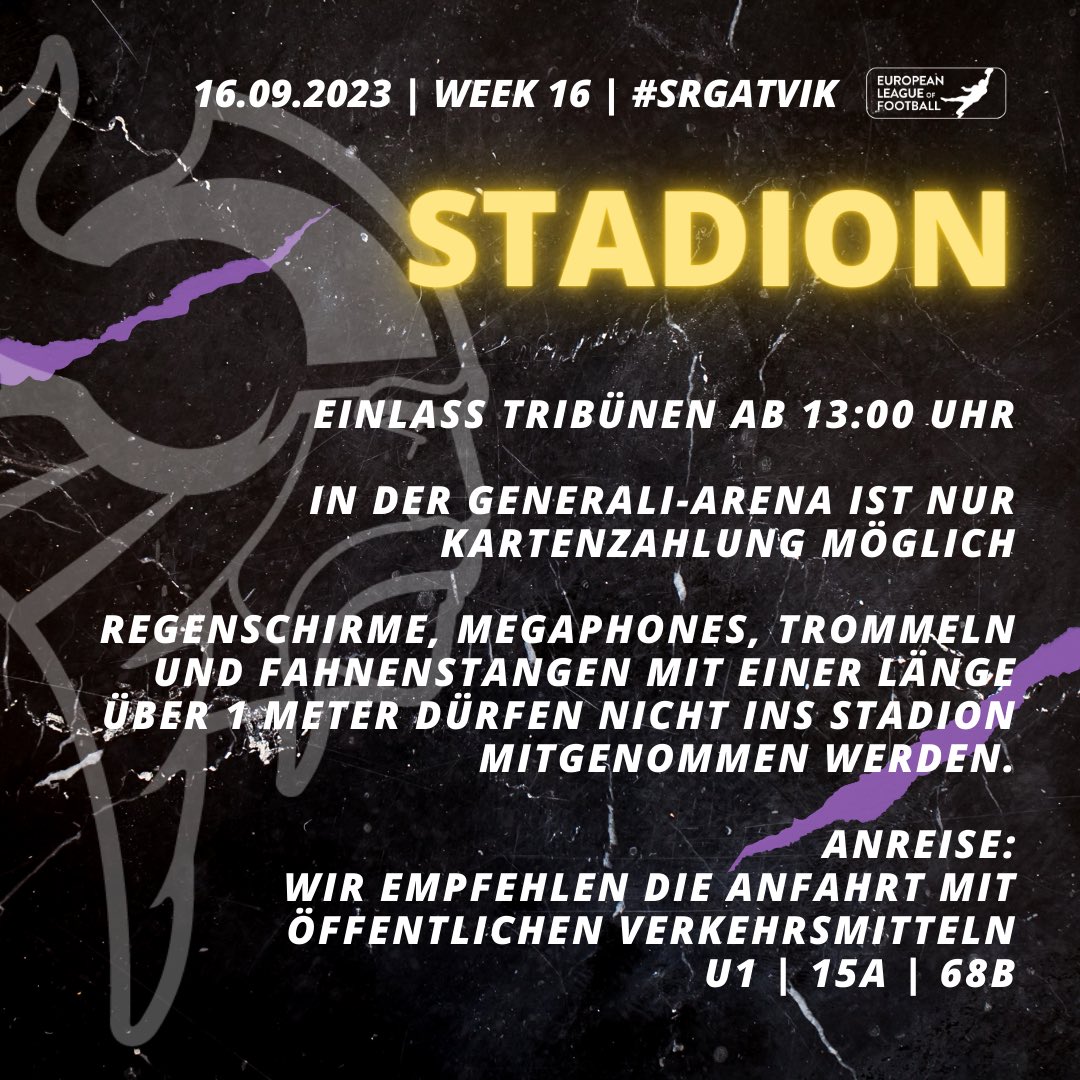 ViennaVikings's tweet photo. Your Gameday Info ℹ️
Alle wichtigen Infos fürs #ViennaVikings Playoff powered by @28_BLACK am Samstag 16. September gegen @StuttgartSurge in der Generali-Arena.
🎟️ @TicketmasterAT oder Direktlink in Bio!
#PurpleReign #ELFPlayoffs https://t.co/YOhLx6e8Ug