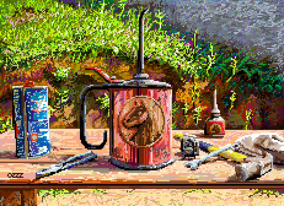 BlackSand oil can and tools, 2023 231x168px Pixel painting Collab between @the_BlackSand x @BabyWizards x The Atelier, all part of @forgottenrunes world building. Painted specially for The Elysian Circuit. 47 contestants, 2 owners 🖼️🖌️👀 #pixelart #painting #ドット絵