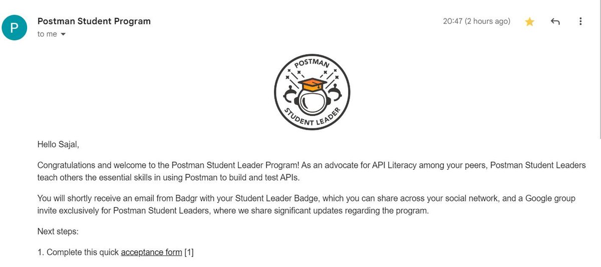 sajalbatradev's tweet photo. π Exciting news
Honored to be selected as a #PostmanStudentLeader!
Looking forward to connecting with fellow student leaders and industry pros.
Big thanks to @Aanchalmishra__ and @ialimustufa
Thanks to @yashpreet2707 for helping me out throughout the process.
#postman https://t.co/BYFcQhkuen