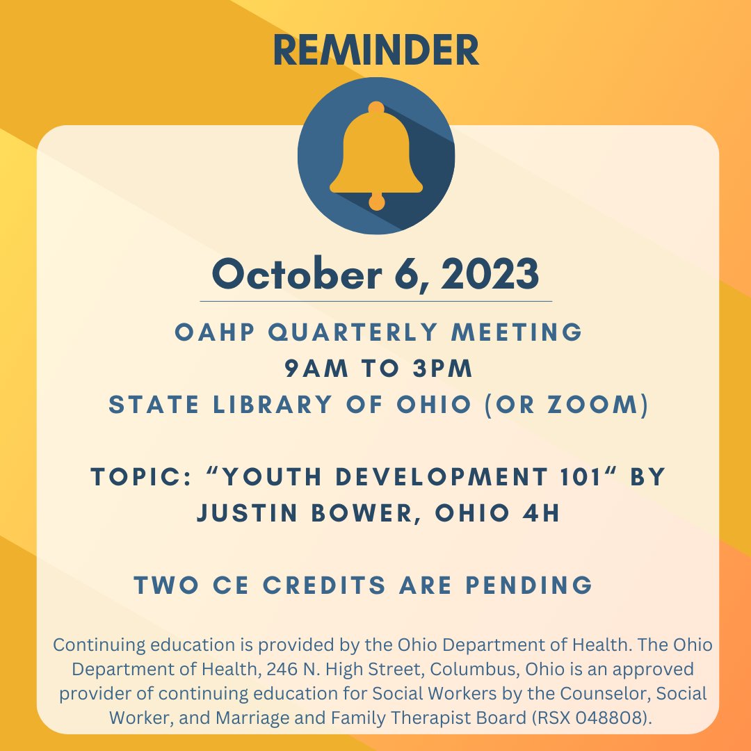 StacySimera's tweet image. Join OAHP on October 6, 2023 for a presentation on “Youth Development 101: Creating an Effective Program” presented by Justin Bower, 4-H Healthy Living &amp;amp; Ohio Military Kids Extension Educator. ohioadolescenthealth.org