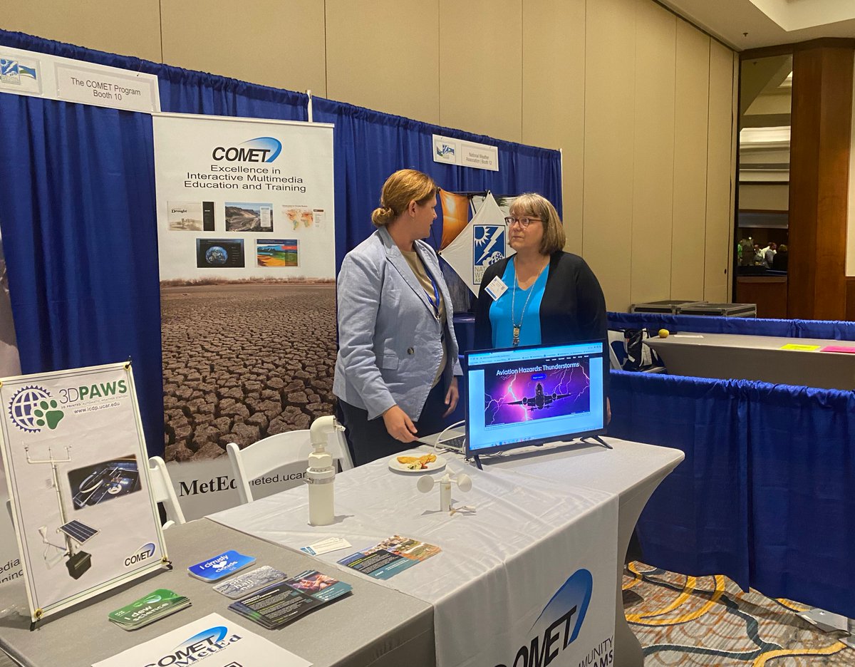 COMETMetEd's tweet photo. Hi, #nwas23 attendees! Learn about COMET’s 🌍 International Capacity Development efforts and 🌦 the latest scenario-based forecasting training in Showcase Session 3 TODAY! A big thanks Janice Bunting, @nwas  Executive Director for visiting our booth! https://t.co/KfgmBx5VnP