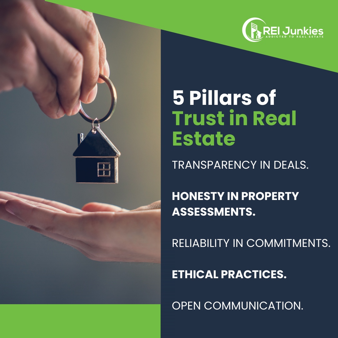 REIJunkies's tweet image. Trust in real estate begins with the #5Pillars: Transparency 🔍, Honesty 🗣 Reliability 🔐 Ethics 🤝 and Open Communication 💬. #RealEstate #Trust #RealEstateInvesting