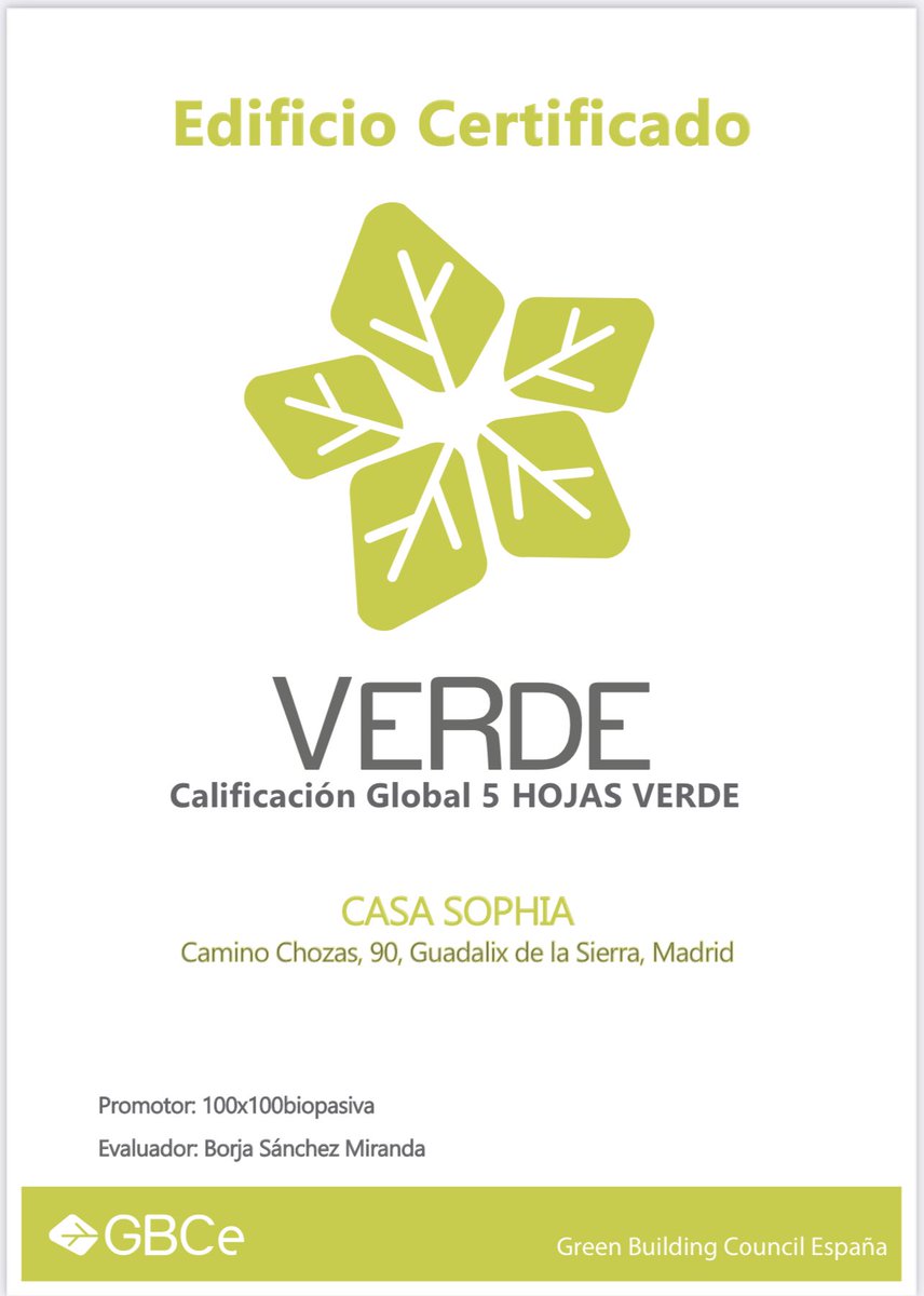 ¡¡¡YA ES OFICIAL!!! 
Nuestro showroom #CasaSophia ha obtenido el certificado <a href="/GbceVerde/">VERDE GBCe</a> con 5 hojas, y una puntuación del casi 92 % algo que jamás se había logrado y ya es oficialmente LA VIVIENDA MÁS SOSTENIBLE DE ESPAÑA y probablemente de Europa. Construcción #biopasiva