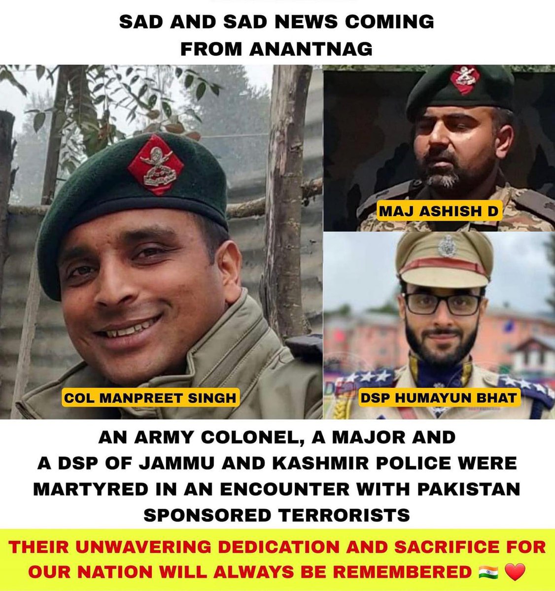 RegimentDiaries's tweet photo. Heroes of Anantnag Jammu And Kashmir attained veergati while protecting motherland. 🥹💔🇮🇳 Jai Hind…!! 🙏 https://t.co/fSWTwQAePo