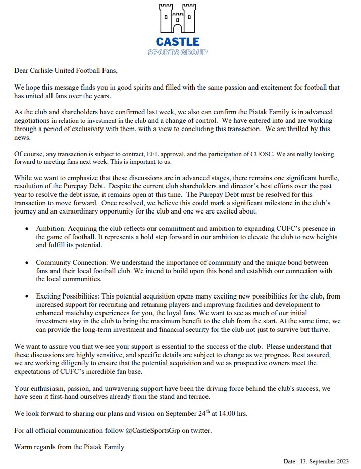 An official statement from Castle Sports Group