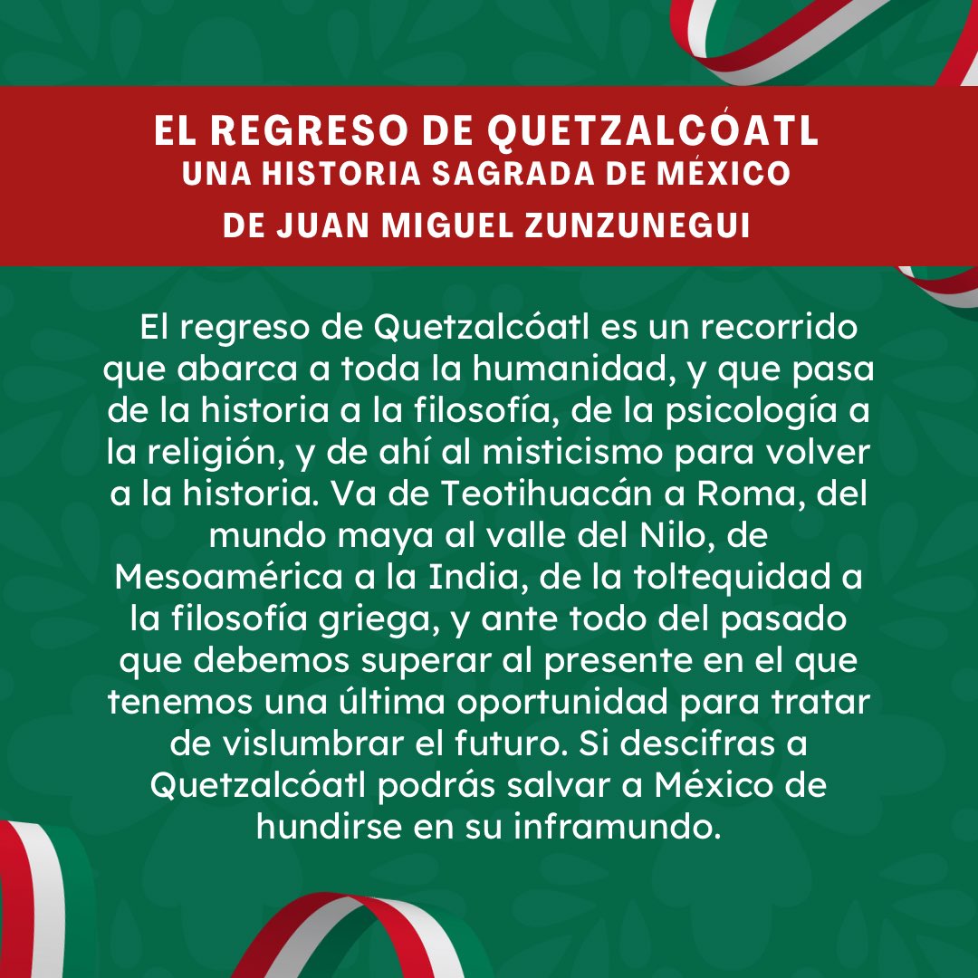 CeMProMx's tweet image. Adéntrate en un fascinante recorrido a través de la historia de #México y de la humanidad, explorando la filosofía, la psicología, la religión y el misticismo, para poder descifrar a Quetzalcóatl 🇲🇽

Una novela magnífica de nuestro socio autor @JMZunzu que no puedes perderte 📖