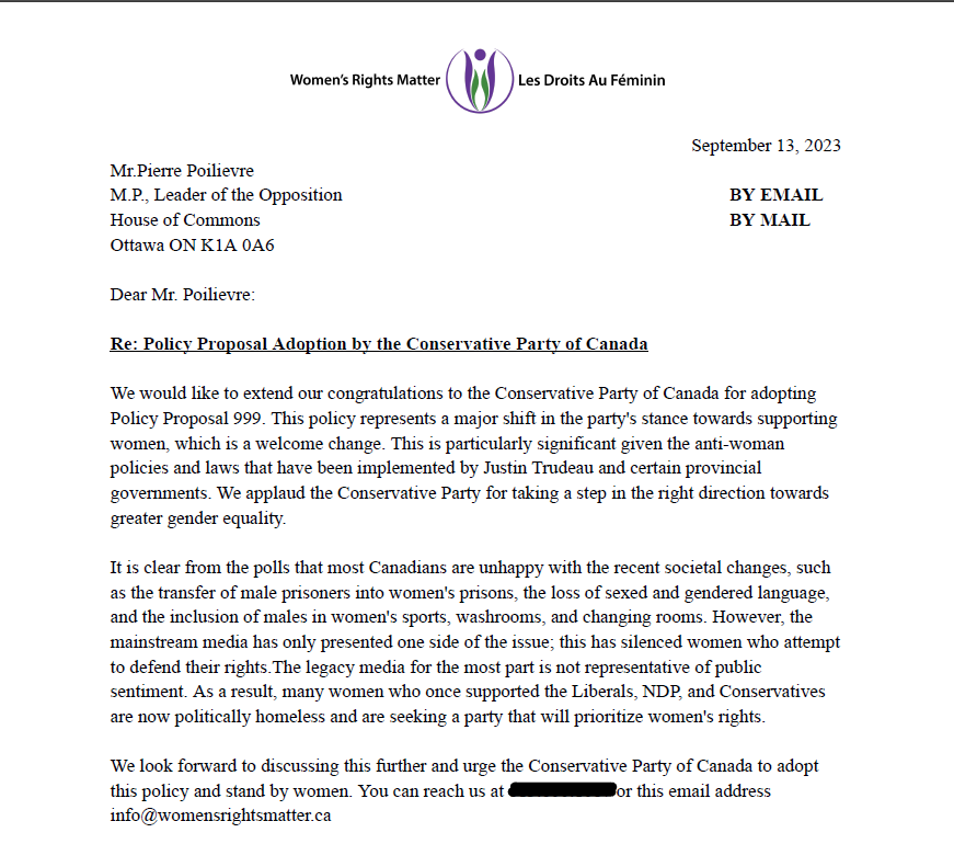 OnWomensRights's tweet image. We emailed &amp;amp; mailed the President of the @CPC_HQ and Leader of the Opposition @PierrePoilievre with respect to the adoption of #Policy999. It is clear that Canadians overwhelmingly support #ProWoman policies. We are urging the Party to make this Policy a part of their Platform.