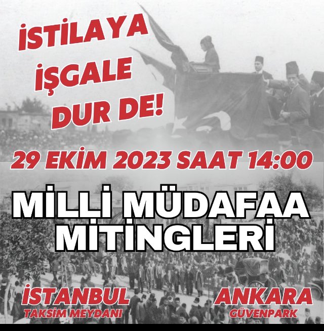 @AtillaOzdag 29 Ekim 2023 tarihinde yurdumuzun işgal ve istilasına karşı, İstanbul ve Ankara'da Milli Müdafaa Mitingleri düzenlenecektir. Türk milleti olarak üzerinde hür yaşadığımız vatan toprağını müdafaa etmekten geri durmayacağız. Ey Türk genci bayrağını al, Milli Müdafaa'ya sen de katıl!