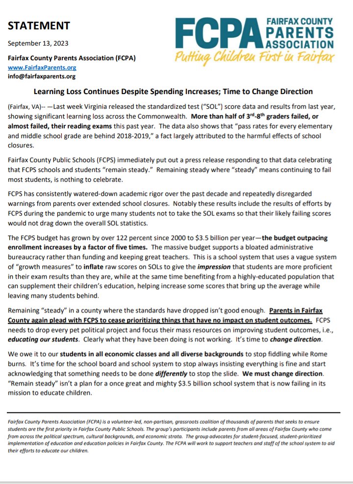 FFXParentsAssoc's tweet image. Last week, FCPS celebrated that its decline in test scores was &quot;holding steady&quot; -- the FCPA responds in the attached.  
&quot;Holding steady&quot; when kids are failing is NOT OKAY.  When the cost per pupil continues to rise while scores are falling, it&apos;s time to #ChangeDirection.