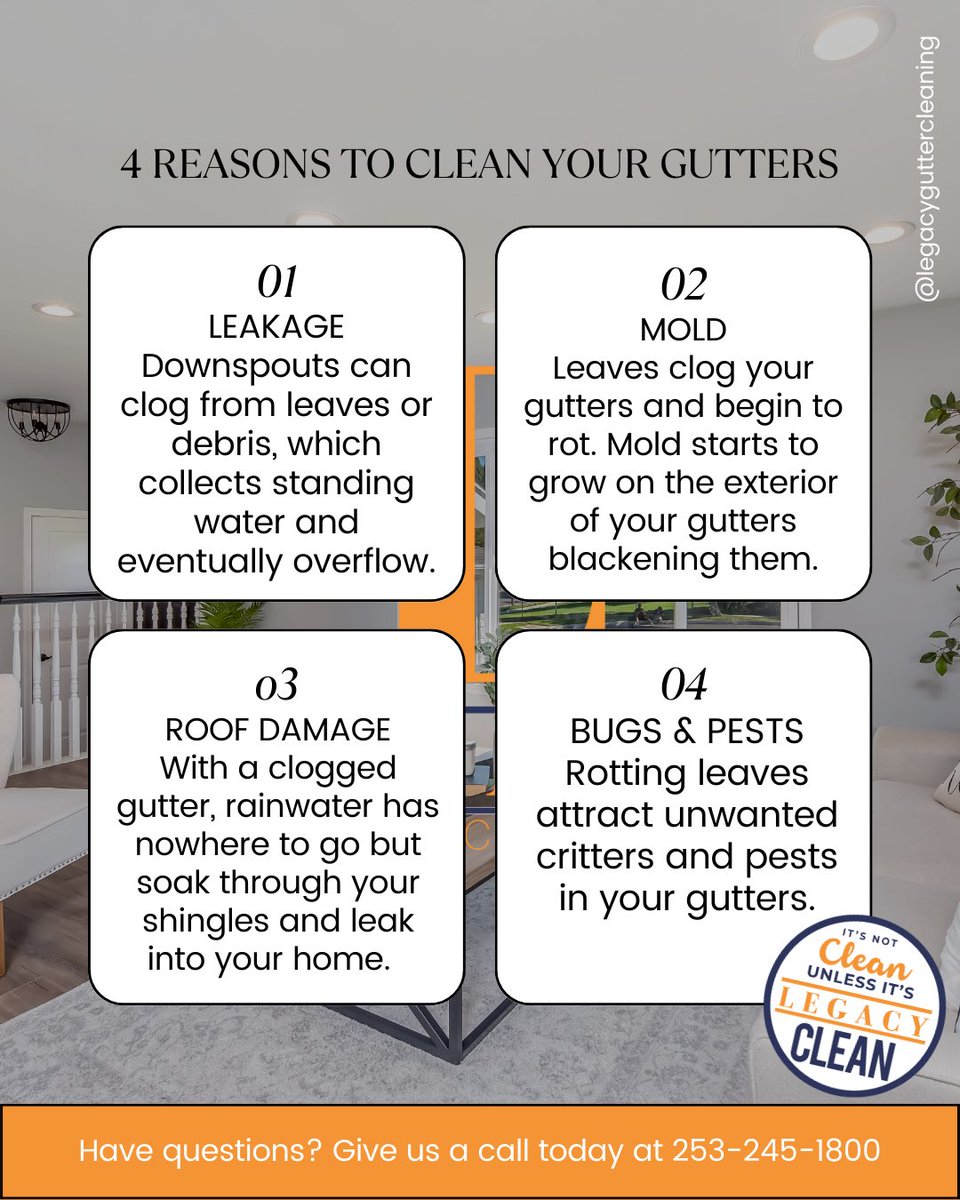 LegacyGutter's tweet image. 4 Reasons to Clean Your Gutters

Now that you know what could happen when you neglect gutter maintenance, Contact LEGACY GUTTER CLEANING for safe and thorough roof maintenance. 
📞(253) 245-1800 
🌐legacyguttercleaning.com
Whatever the job, We Gut’er Done! 👍

#dirtygutters