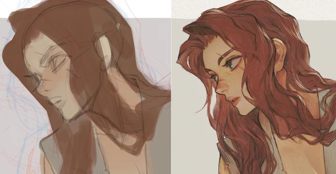 Sometimes, I do very rough sketches and then immediately start refining them as I draw. While there's a risk of messing up the drawing, it increases the excitement and focus. It feels a bit like improvisational music playing. I've posted the detailed process on Patreon.  