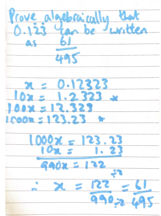 Dempseymaths's tweet photo. looking at exam scripts for potential additional marks, lots of my ss doing a recurring decimal to fraction similar to below and only gaining 2 out of 3 marks. Seems harsh, worth making ss aware of.. https://t.co/eQewWGmgZX