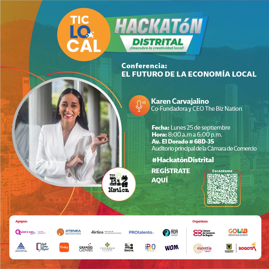 ¡Karen Carvajalino destaca un gran papel como cofundadora de The Biz Nation! 
Conócela esta 25 de septiembre en la Hackatón Distrital

Disfruta de paneles de lujo y de una feria de innovación local y empleo.

¡Te esperamos! Regístrate aquí: bit.ly/HACKATONBOGOTA  🚀