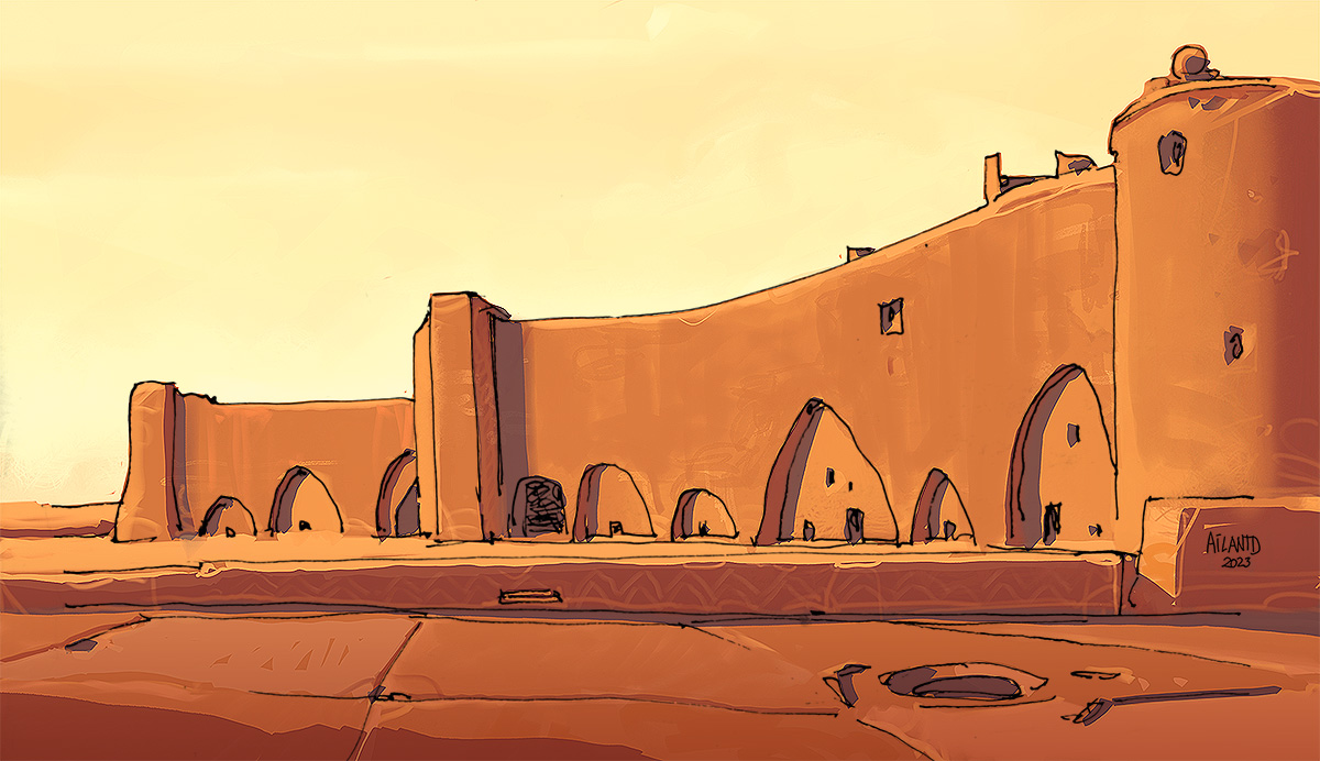 ailantd's tweet image. The walled city of Archeria.
No other place like this remain standing in the deep, dry #desert, preserved by those who still dare to face such extreme temperatures, risking their engines to the melt.

Quick afternoon sketch.

#scifiart #conceptart #LostCities