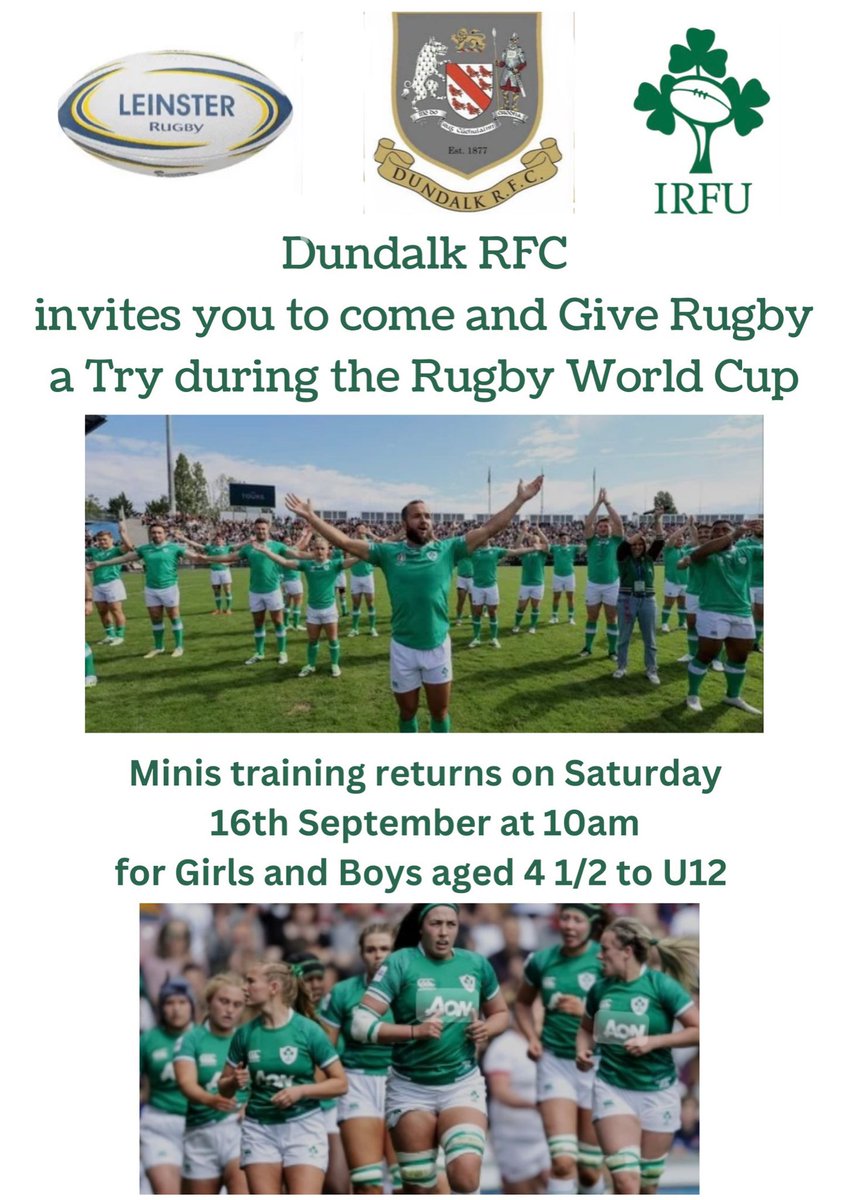 DundalkRFC's tweet photo. Our Mini's return! ⚫⚪

Dundalk RFC Mini's (Boys and Girls - 4.5 to U12) return to training Saturday 16th September at the Mill Road. 

Why not give rugby a Try during the World Cup? 

Players and parents always welcome! We hope to see you there!  ⚫⚪ https://t.co/obkwLLQ7sZ