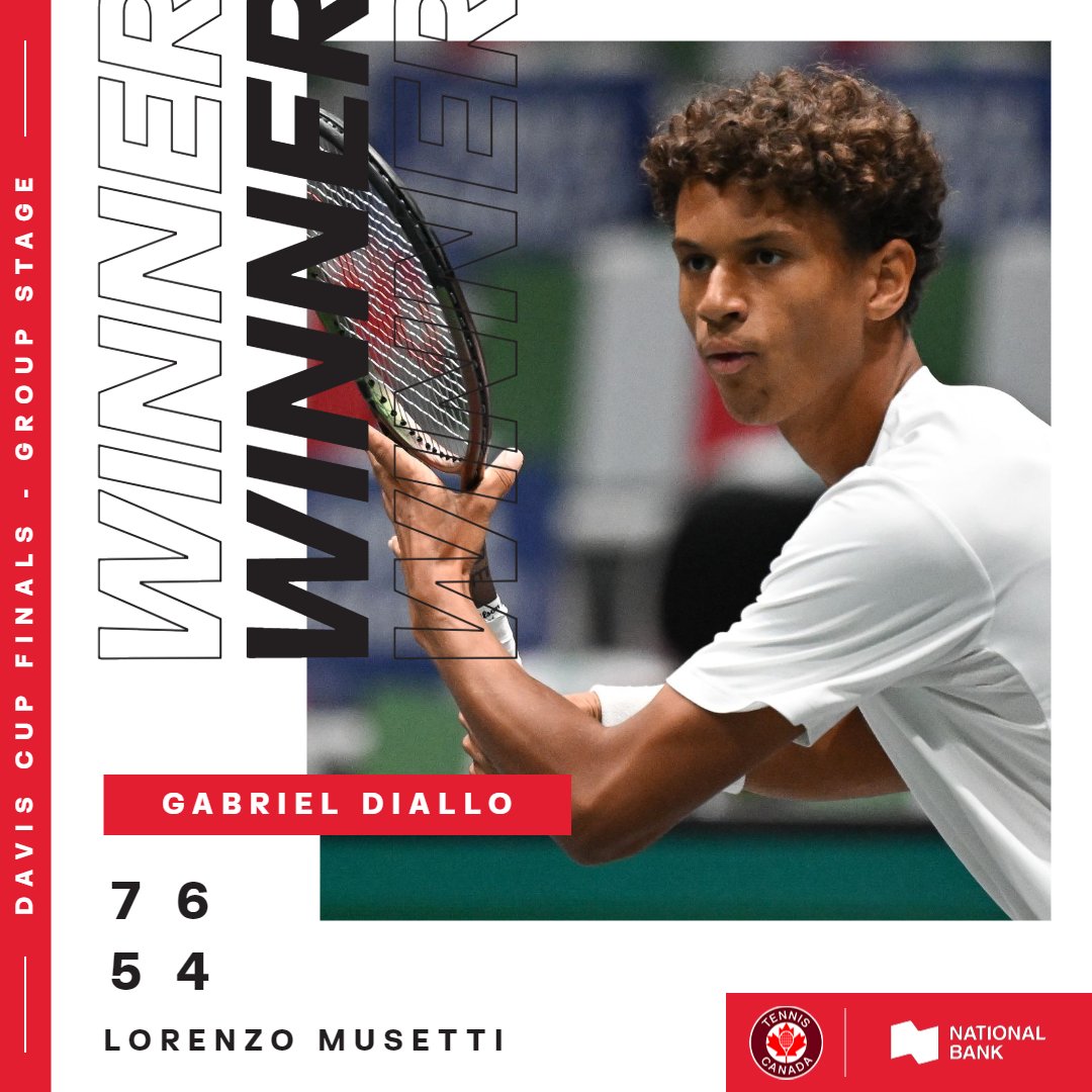 TennisCanada's tweet image. Gabriel Diallo stands strong in Bologna 👏

Taking down World No. 18, Lorenzo Musetti he claims Team Canada presented by @sobeys&apos; second point at the @DavisCup in two sets! 🤩

@nationalbank