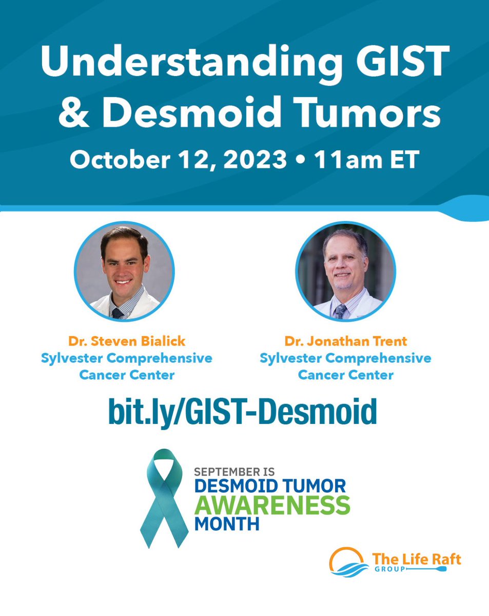 September is Desmoid Awareness Month! Register for “Understanding GIST & Desmoid Tumors”. Dr. Trent & Dr. Bialick will discuss GIST & desmoid tumors w/a Q&A. bit.ly/GIST-DesmoidTu… #demsoid #gist #gisteducation @JTrentMDPhD @SteveBialickDO @SylvesterCancer @DTRFoundation