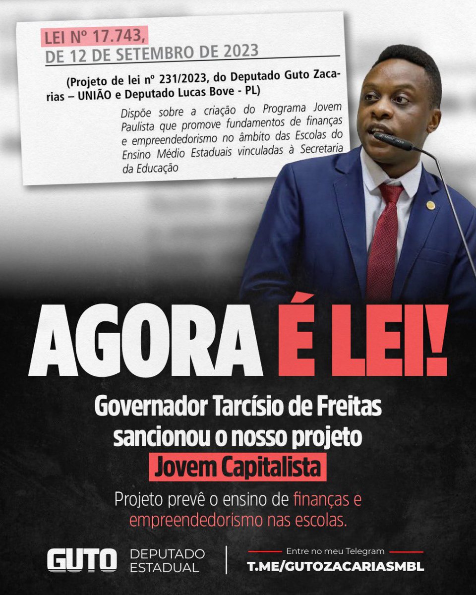 GutoZacariasMBL's tweet image. VIROU LEI!
O governador Tarcísio de Freitas sancionou hoje o nosso projeto Jovem Capitalista que visa levar ensino de finanças e empreendedorismo às escolas paulistas.
Todos os países desenvolvidos oferecem a matéria na grade curricular de suas escolas e São Paulo, seguindo a…