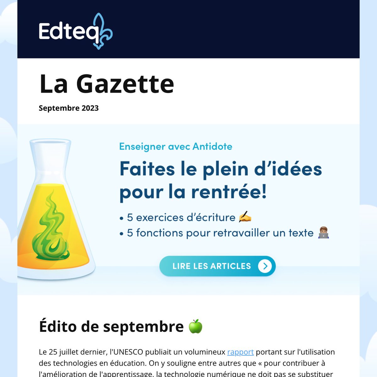 📬 🍎 🚌
La Gazette Edteq de septembre est DANS VOS BOÎTES AUX LETTRES!
Vous ne l'avez pas reçue!? Par ici 👇
preview.mailerlite.io/emails/webview…

#EduQc #EduTIC #edtech