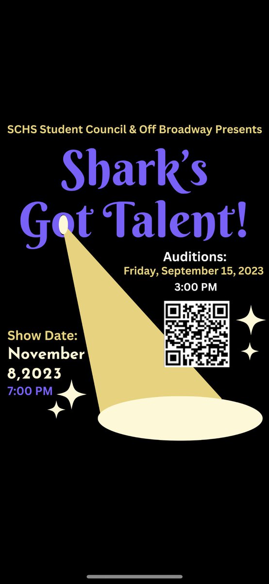 SharksSection's tweet image. Shark’s Got Talent is BACK! If you would like to sign up to audition, please use the QR code or the link in the bio! Auditions will be this Friday from 3-6PM in the Dance Gym (G200)! The show date is November 8th at 7:00 in the SCHS Auditorium.
