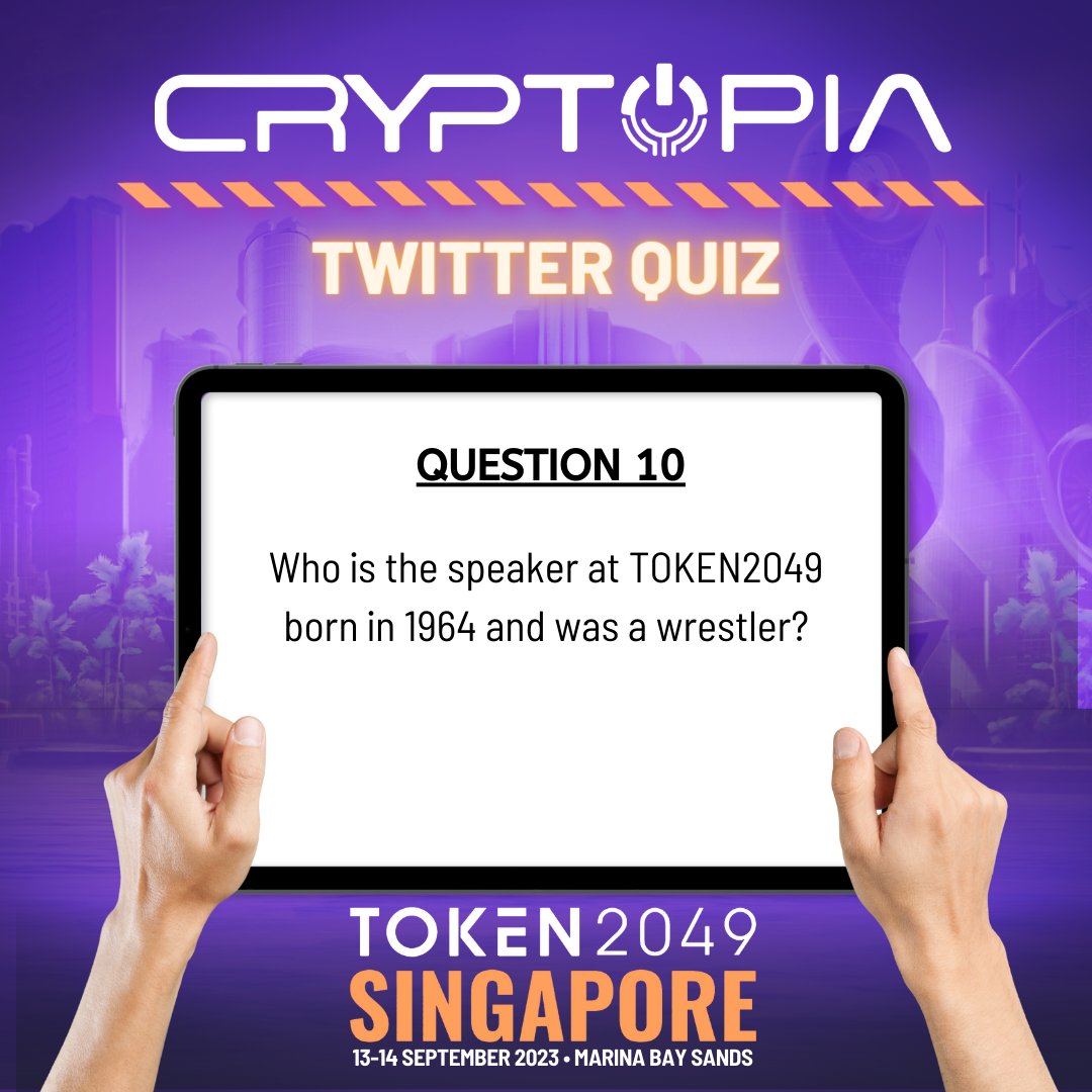 CryptopiaOFCL's tweet photo. 🚀 Here's Question Number 10 (for 2 Points, Tag the person for an extra point)
In celebration of Cryptopia being a Gold Partner at the TOKEN2049 Event, we are launching Cryptopia TOKEN2049 Twitter Quiz!
How to join:
1. Answer daily questions (Sept 6-20) posted in https://t.co/H7OXzA2uwW
2. Retweet your answers to Cryptopia's Twitter post
3. Use #CryptopiaAtTOKEN2049 and #TOKEN2049
4. Follow @CryptopiaOFCL and @HFBonnet
Win big! 🏆
Top 1 = $50
Top 2 = $40
Top 3 = $30
Top 4 = $20
Top 5 = $10
Plus, raffle winners for participants get $10 x 5.
*The campaign runs until Sept 20. Get involved and celebrate with us! If there's a tie, the individual who responds first(among those with same scores) for each question will receive the point.
💰🗓 #Cryptopia #GoldPartner #TOKEN2049
