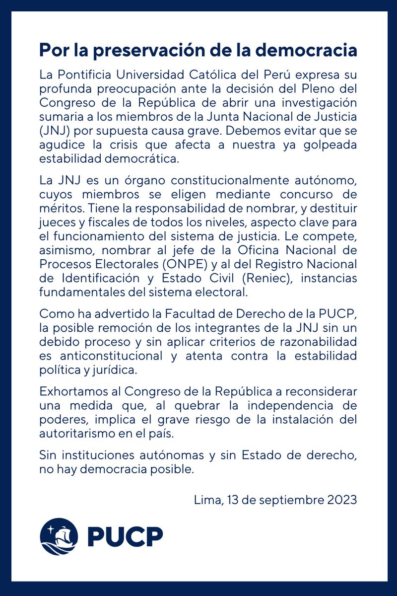 La PUCP expresa su profunda preocupación por la investigación sumaria abierta a la Junta Nacional de Justicia.

Sin instituciones autónomas y sin Estado de derecho, no hay democracia posible.