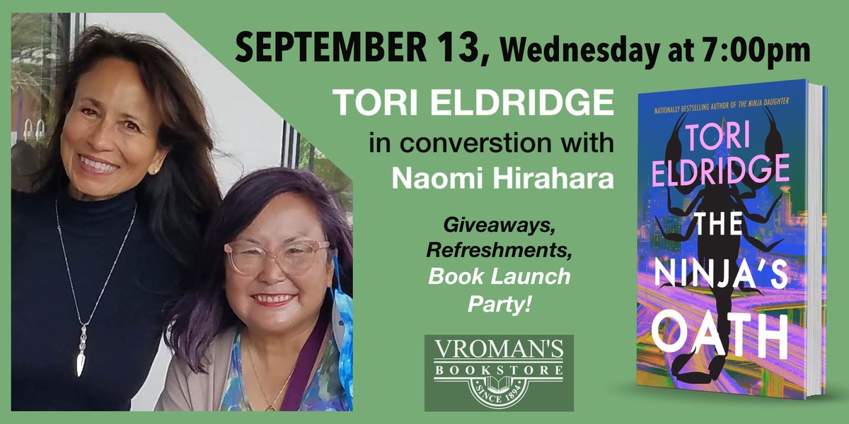 Tonight's the night! 7 pm at Vroman's Bookstore in Pasadena: Tori Eldridge in conversation with Naomi Hirahara celebrating Tori's newest novel, THE NINJA'S OATH. It's a partay! #crimefiction #mystery #greatbooks