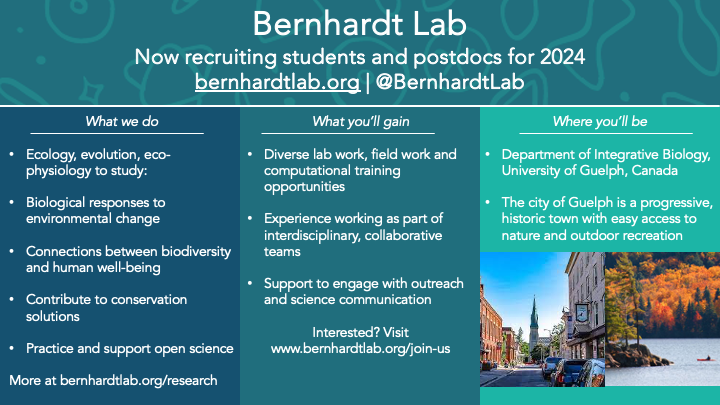 The @BernhardtLab is recruiting at all levels for 2024! We have multiple funded grad student and postdoc opportunities available! Please spread the word 🌊🌡️🐟🌱 bernhardtlab.org/join-us