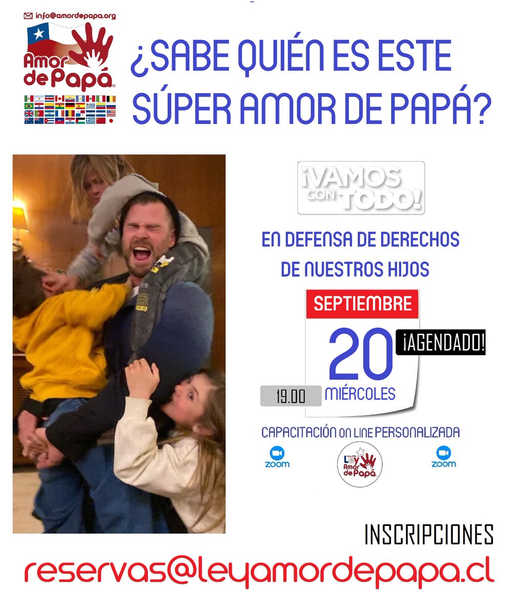 AmordePapa's tweet photo. ¿SABE QUIÉN es el SÚPER @AmordePapa
de la  fotografía?

¿HASTA CUÁNDO  ESPERARÁ PARA DEFENDER LOS DERECHOS DE SUS HIJOS?

Le  recordamos:
CAPACITACIÓN ESPECIALIZADA/PERSONALIZADA ONLINE #LEYAMORDEPAPÁ
MIÉRCOLES 20 SEPTIEMBRE-19.00

+Info e Inscripción: reservas@leyamordepapa.cl https://t.co/F277j4fQUZ